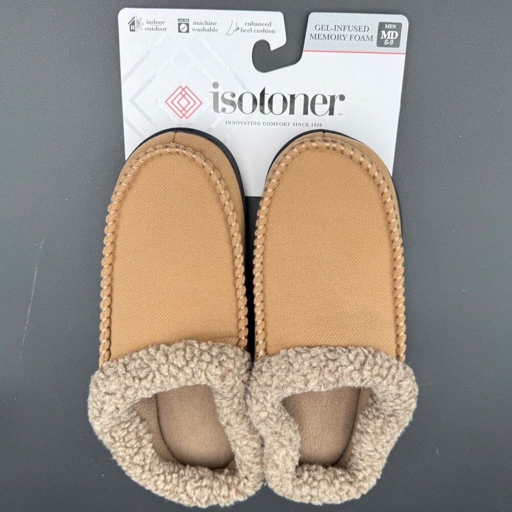 Isotoner Slippers Mens Size‎ M 8-9 Memory Foam Tan Buckskin Sherpa Lining - Picture 2 of 5
